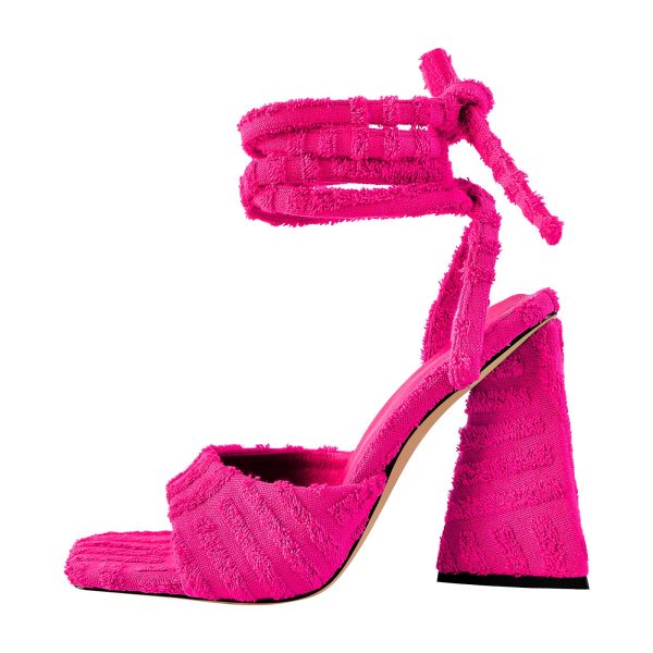 Square Toe Towelling Lace Up Chunky Heel Sandals - Image 6