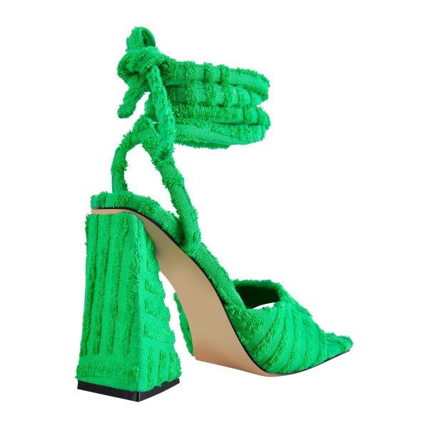 Square Toe Towelling Lace Up Chunky Heel Sandals - Image 3