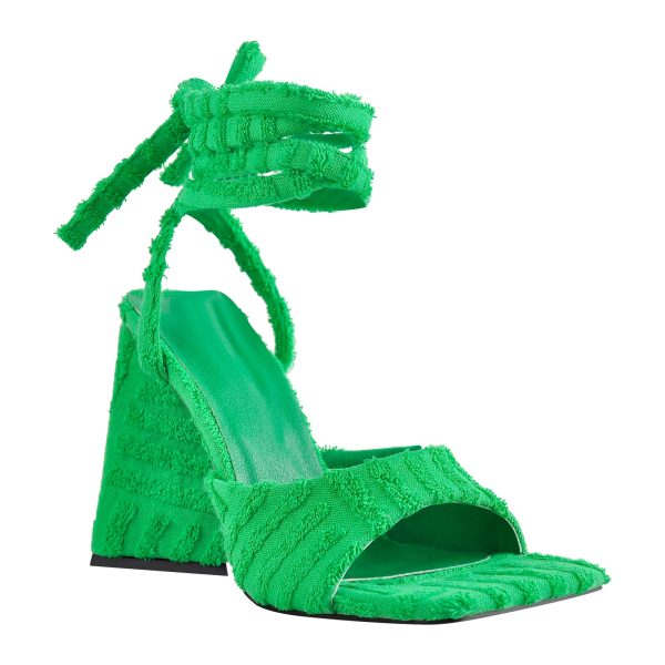 Square Toe Towelling Lace Up Chunky Heel Sandals - Image 2