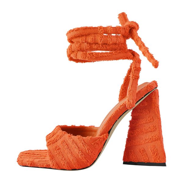 Square Toe Towelling Lace Up Chunky Heel Sandals - Image 8