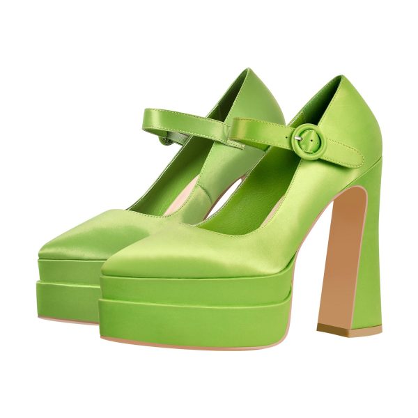 Pointed Toe Platform Satin Mary Jane Pumps - Image 6