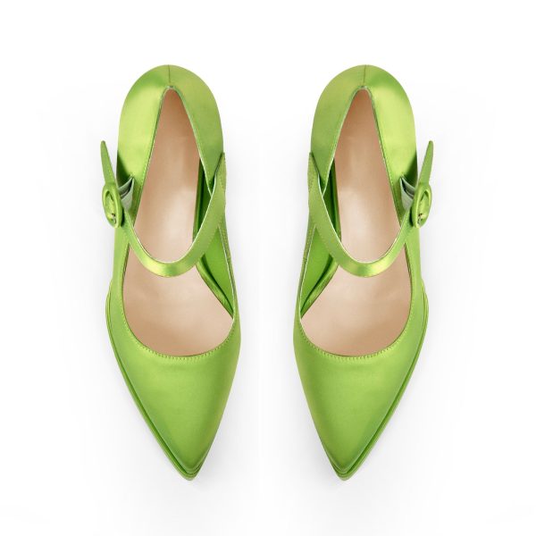 Pointed Toe Platform Satin Mary Jane Pumps - Image 8