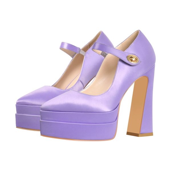 Pointed Toe Platform Satin Mary Jane Pumps - Image 2