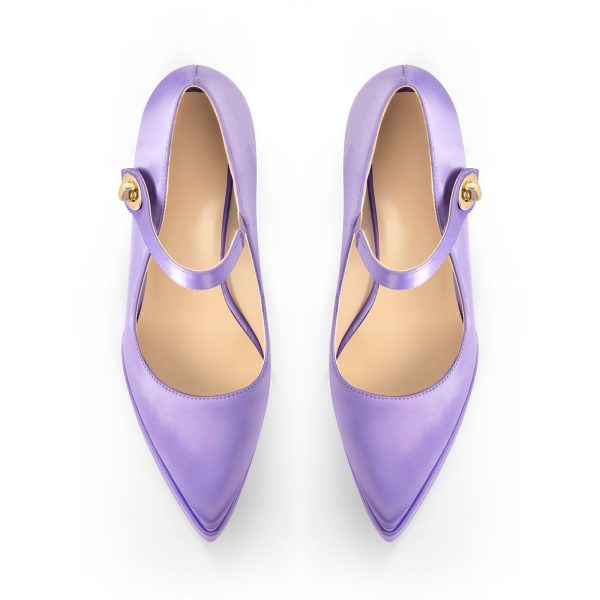 Pointed Toe Platform Satin Mary Jane Pumps - Image 4