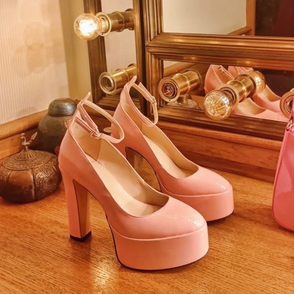 Platform Chunky Heel Ankle Strap Pink Pumps - Image 7