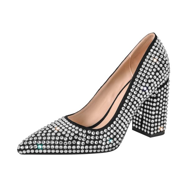 Rhinestone Pointed Toe Chunky Heel Pumps - Image 6