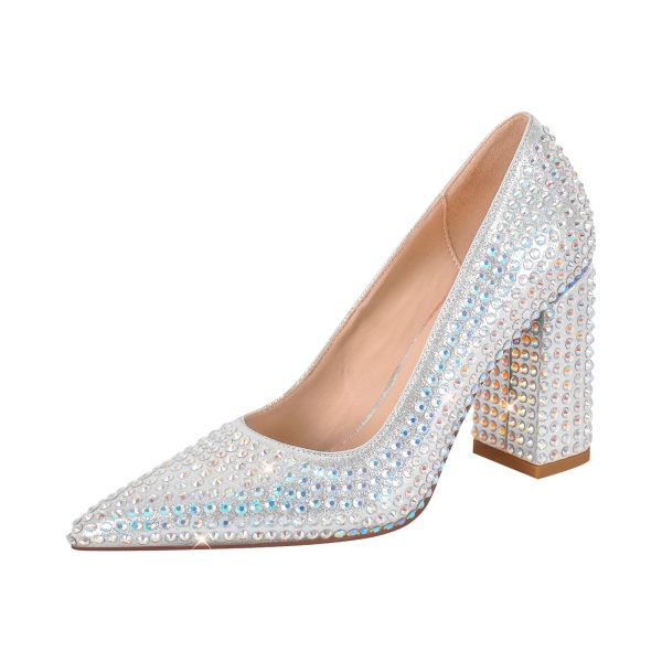 Rhinestone Pointed Toe Chunky Heel Pumps - Image 2