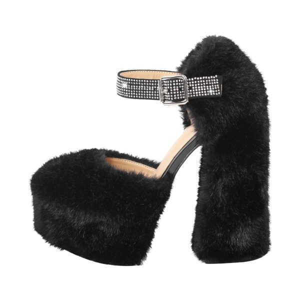 Chunky Heel Ankle Strap Fur Mary Jane Pumps - Image 10