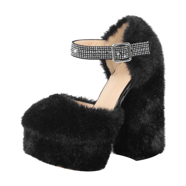Chunky Heel Ankle Strap Fur Mary Jane Pumps - Image 11