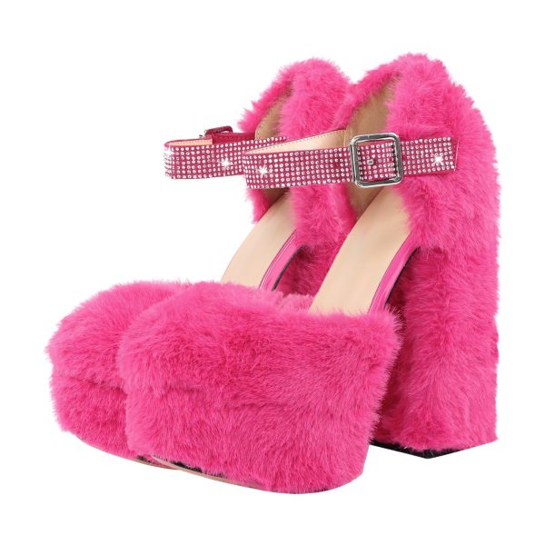 Chunky Heel Ankle Strap Fur Mary Jane Pumps - Image 2