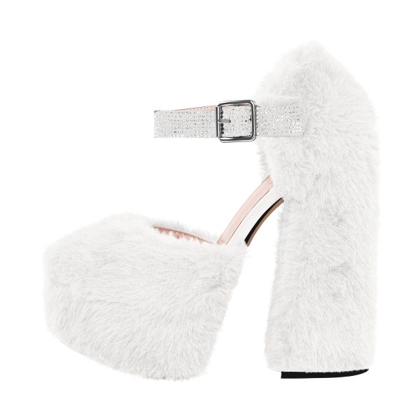 Chunky Heel Ankle Strap Fur Mary Jane Pumps - Image 12