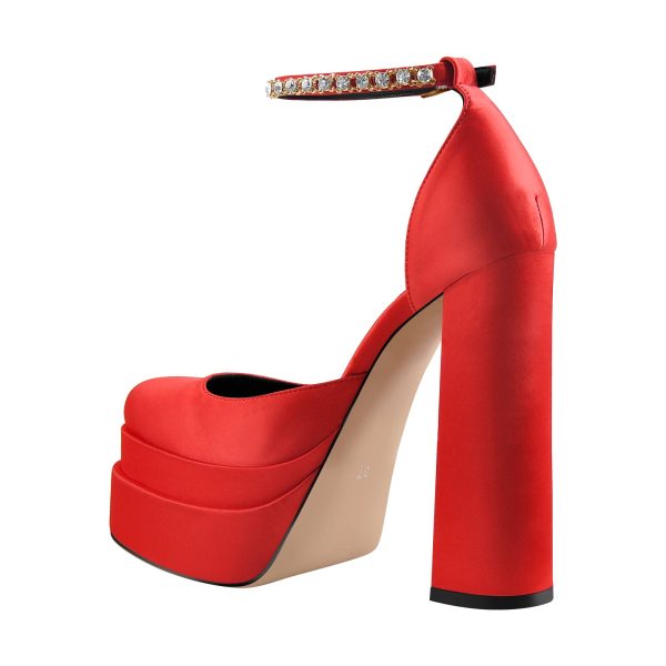 Red Rhinestone Double Platform Chunky Heel Pumps - Image 3