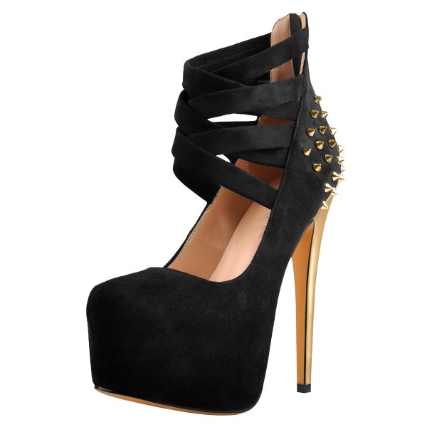 Round Toe Platform Metallic Rivet High Heel Pumps - Image 2