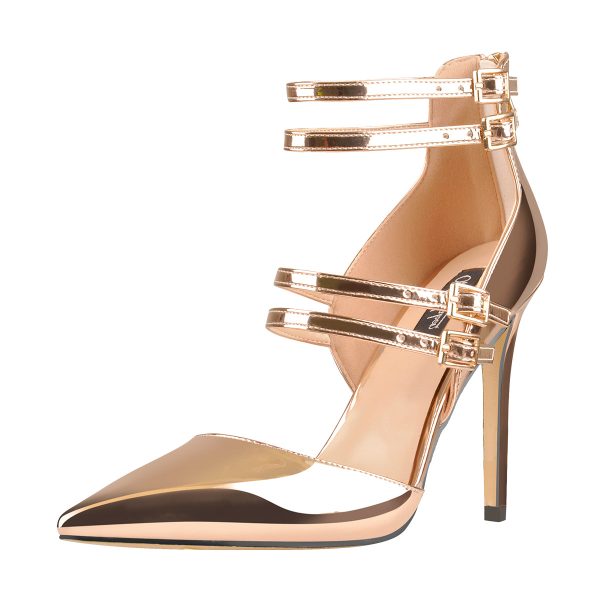 Golden Pointed Toe Double Buckle Strap High Heels Pumps - Image 2