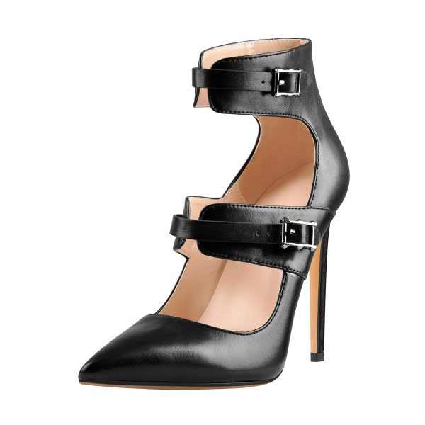 Black Matte Pointed Toe Double Buckle Straps Stiletto Pumps - Image 4