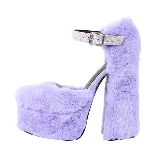Chunky Heel Ankle Strap Fur Mary Jane Pumps - Image 3