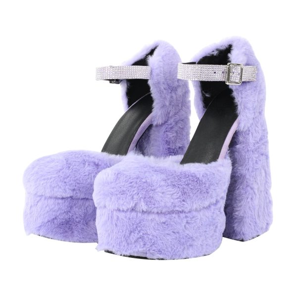 Chunky Heel Ankle Strap Fur Mary Jane Pumps - Image 4
