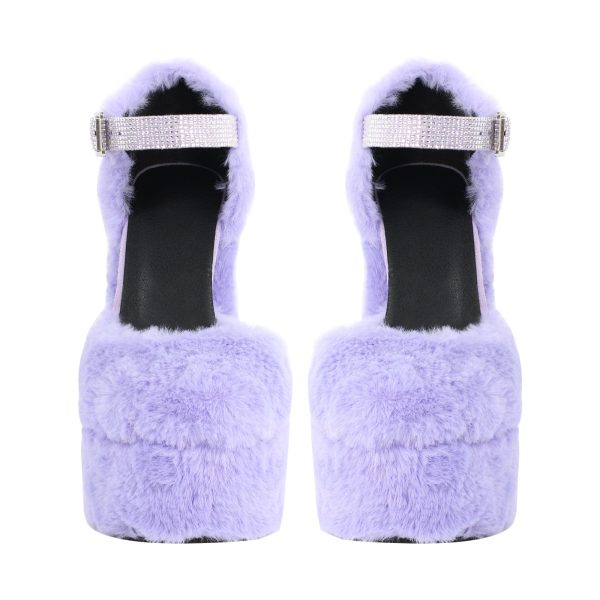 Chunky Heel Ankle Strap Fur Mary Jane Pumps - Image 5