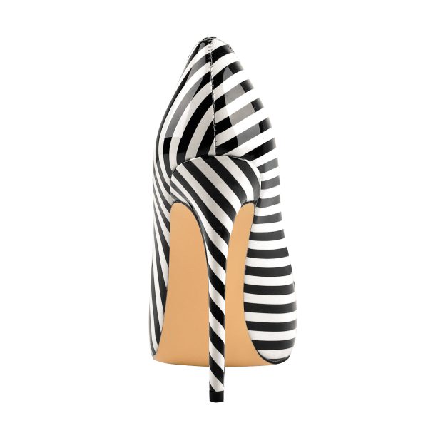 Black White Stripes Pointed Toe High Heel Pumps - Image 3