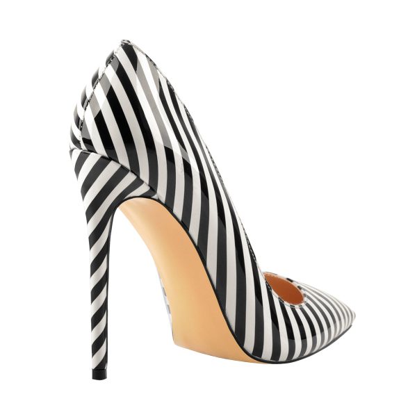 Black White Stripes Pointed Toe High Heel Pumps - Image 4