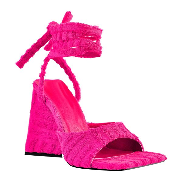 Square Toe Towelling Lace Up Chunky Heel Sandals - Image 7