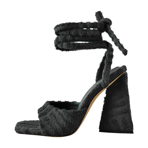 Square Toe Towelling Lace Up Chunky Heel Sandals - Image 10