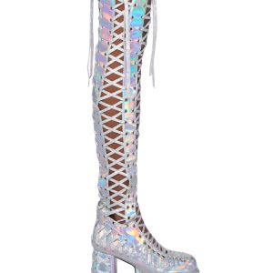 Rude Awakening Thigh High Boots - Holographic