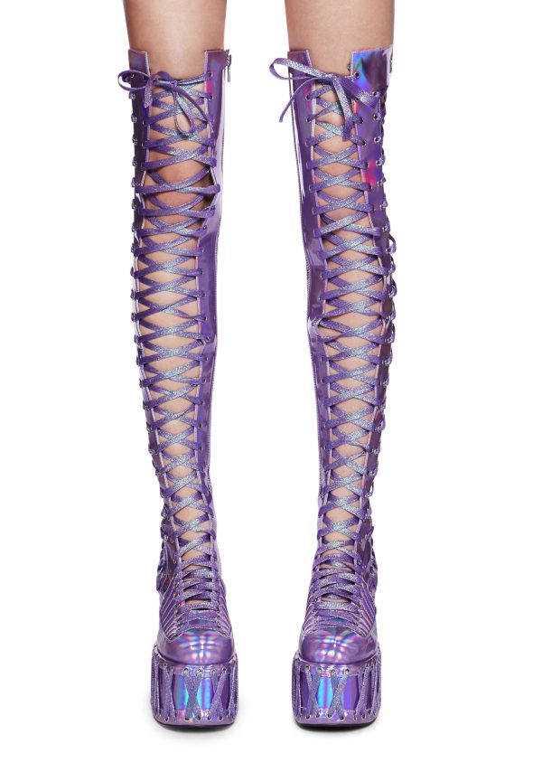 Rude Awakening Thigh High Boots -  Purple Holographic - Image 2