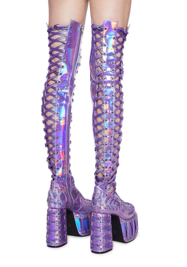 Rude Awakening Thigh High Boots -  Purple Holographic - Image 4