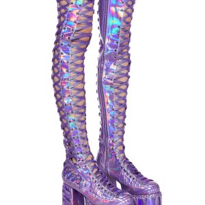 Rude Awakening Thigh High Boots -  Purple Holographic