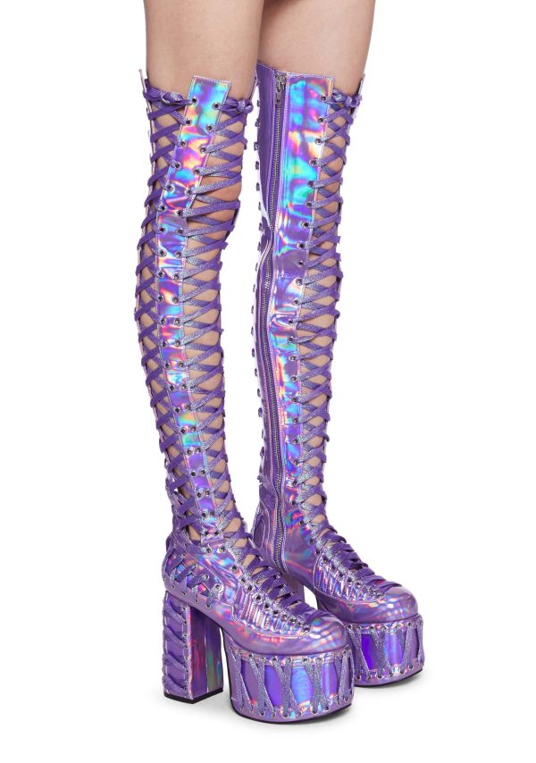 Rude Awakening Thigh High Boots -  Purple Holographic