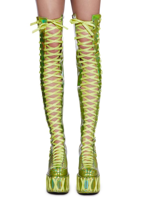 Rude Awakening Thigh High Boots -  Green Holographic - Image 5