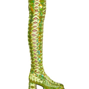 Rude Awakening Thigh High Boots -  Green Holographic