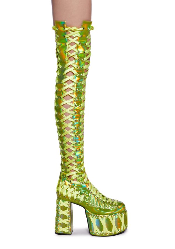 Rude Awakening Thigh High Boots -  Green Holographic