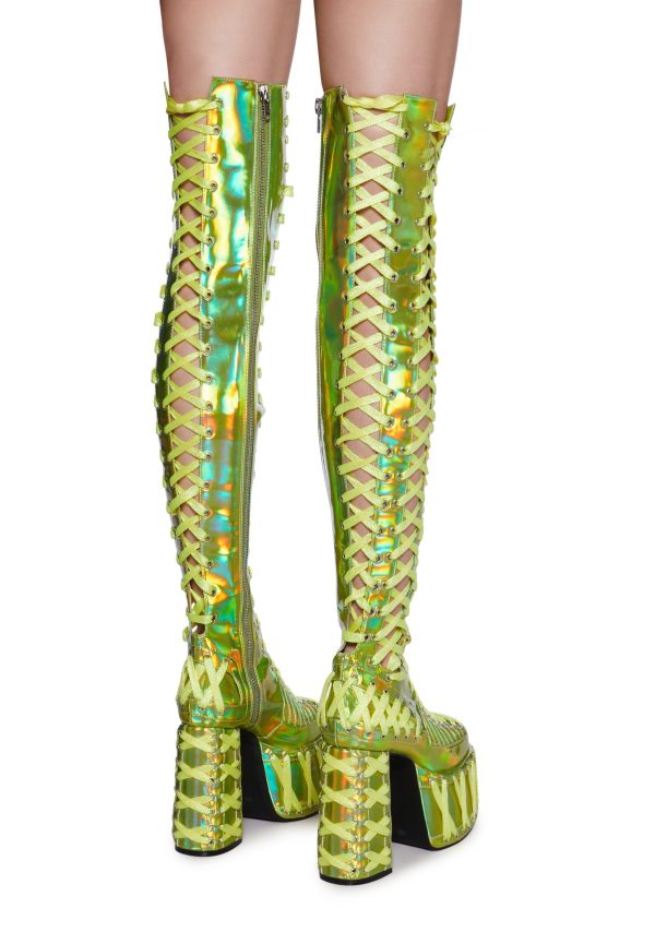 Rude Awakening Thigh High Boots -  Green Holographic - Image 4
